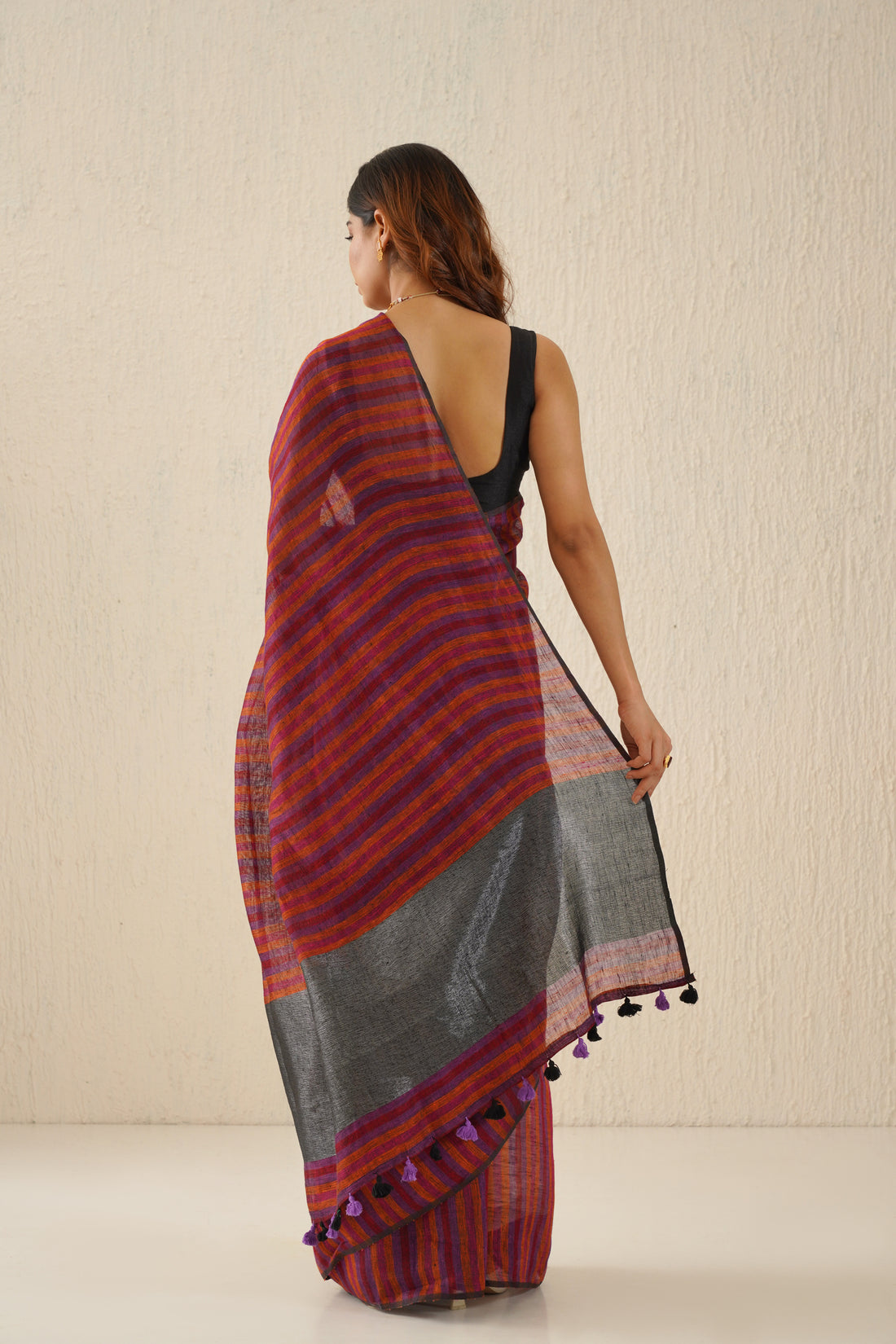 Plum, Purple Stripe Linen Sari with Grey Zari