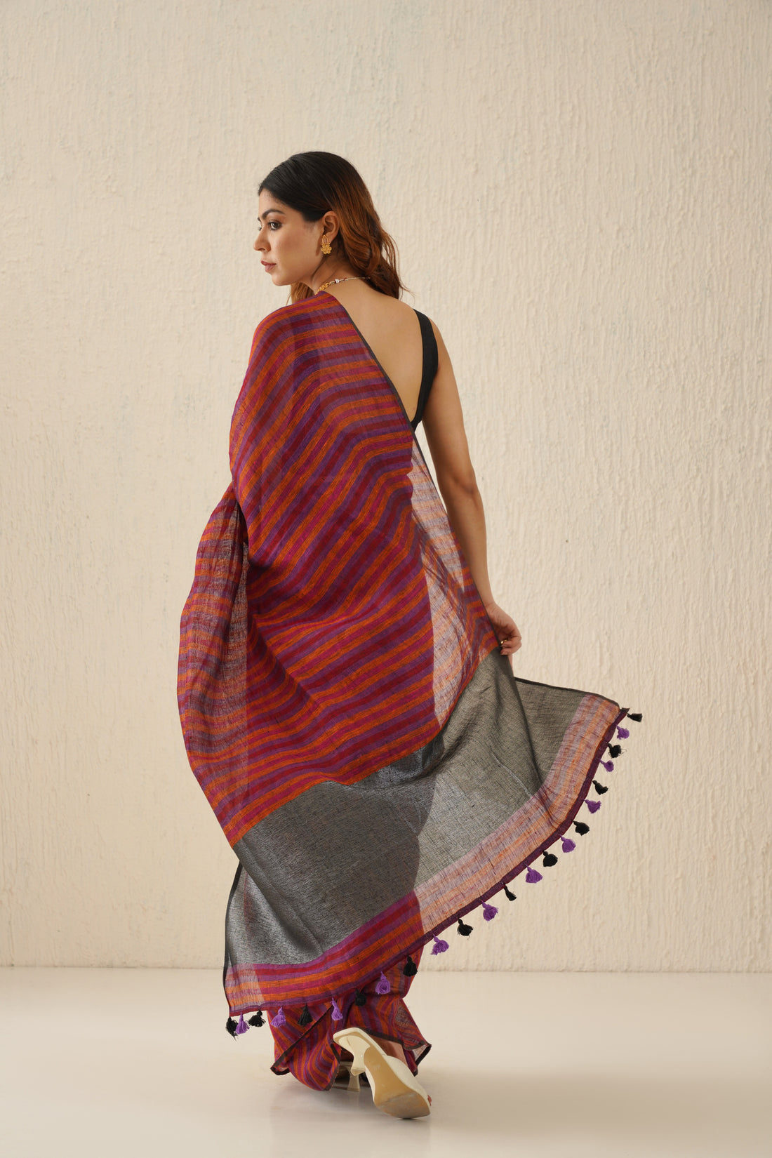 Plum, Purple Stripe Linen Sari with Grey Zari