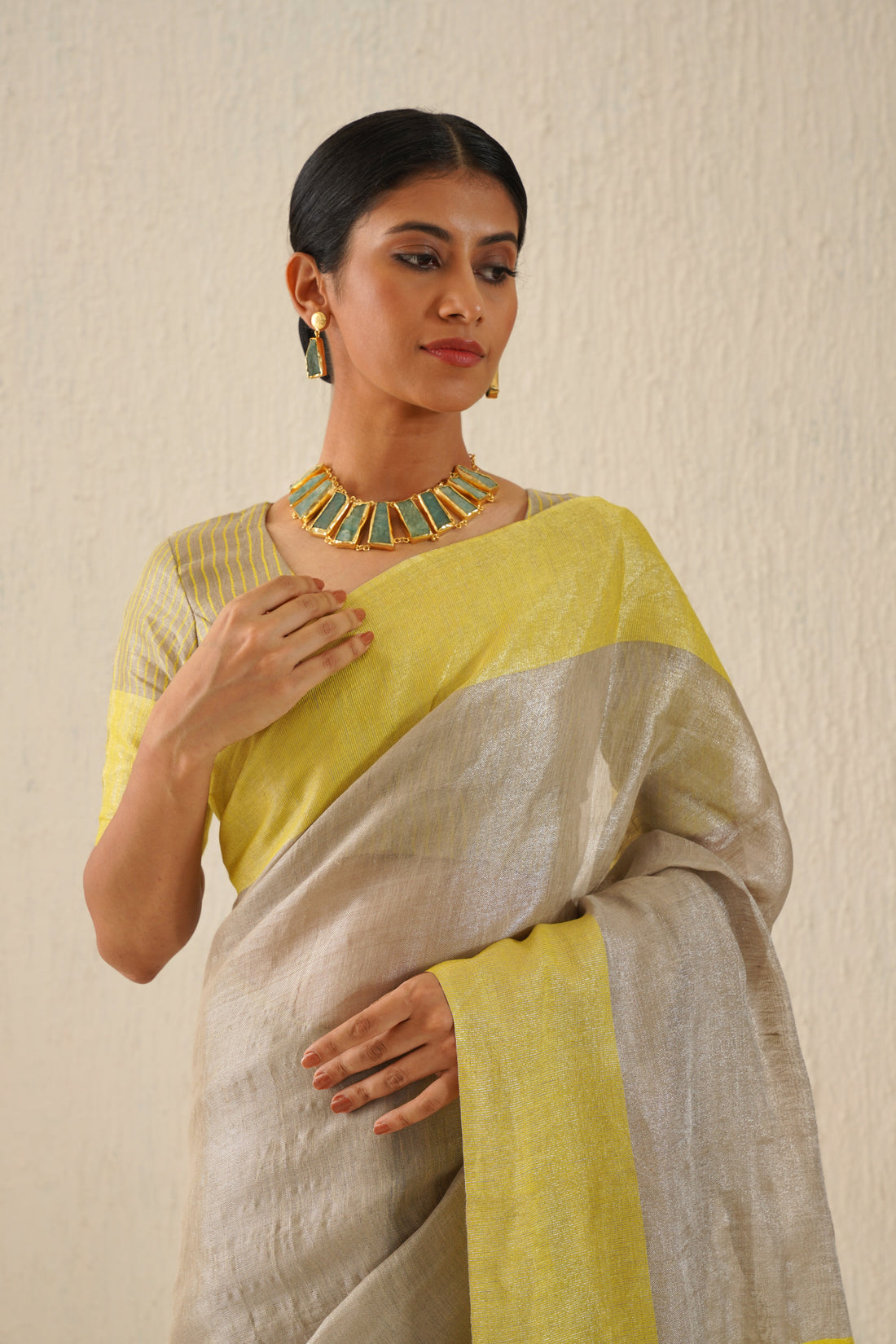 Silver & Yellow Handloom Tissue Linen Sari