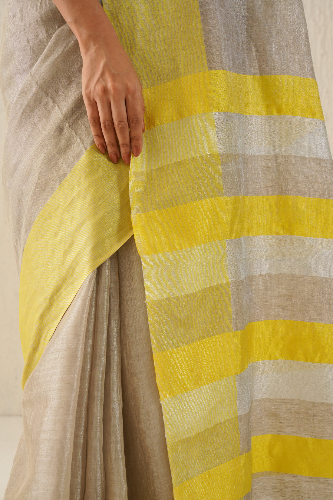 Silver & Yellow Handloom Tissue Linen Sari