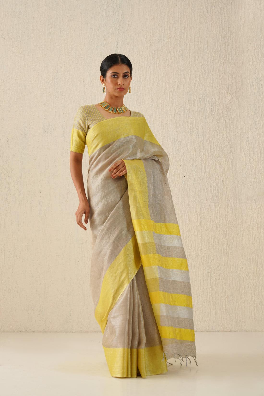 Silver & Yellow Handloom Tissue Linen Sari