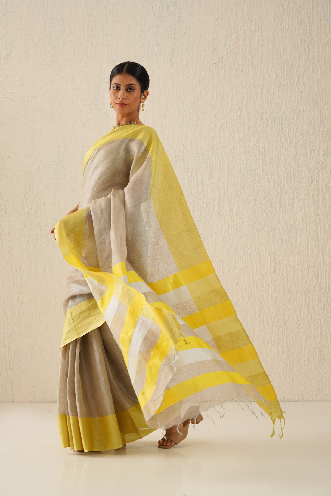 Silver & Yellow Handloom Tissue Linen Sari