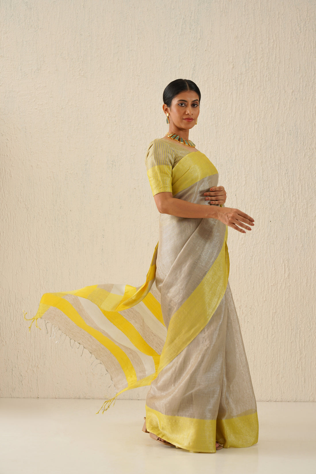 Silver & Yellow Handloom Tissue Linen Sari