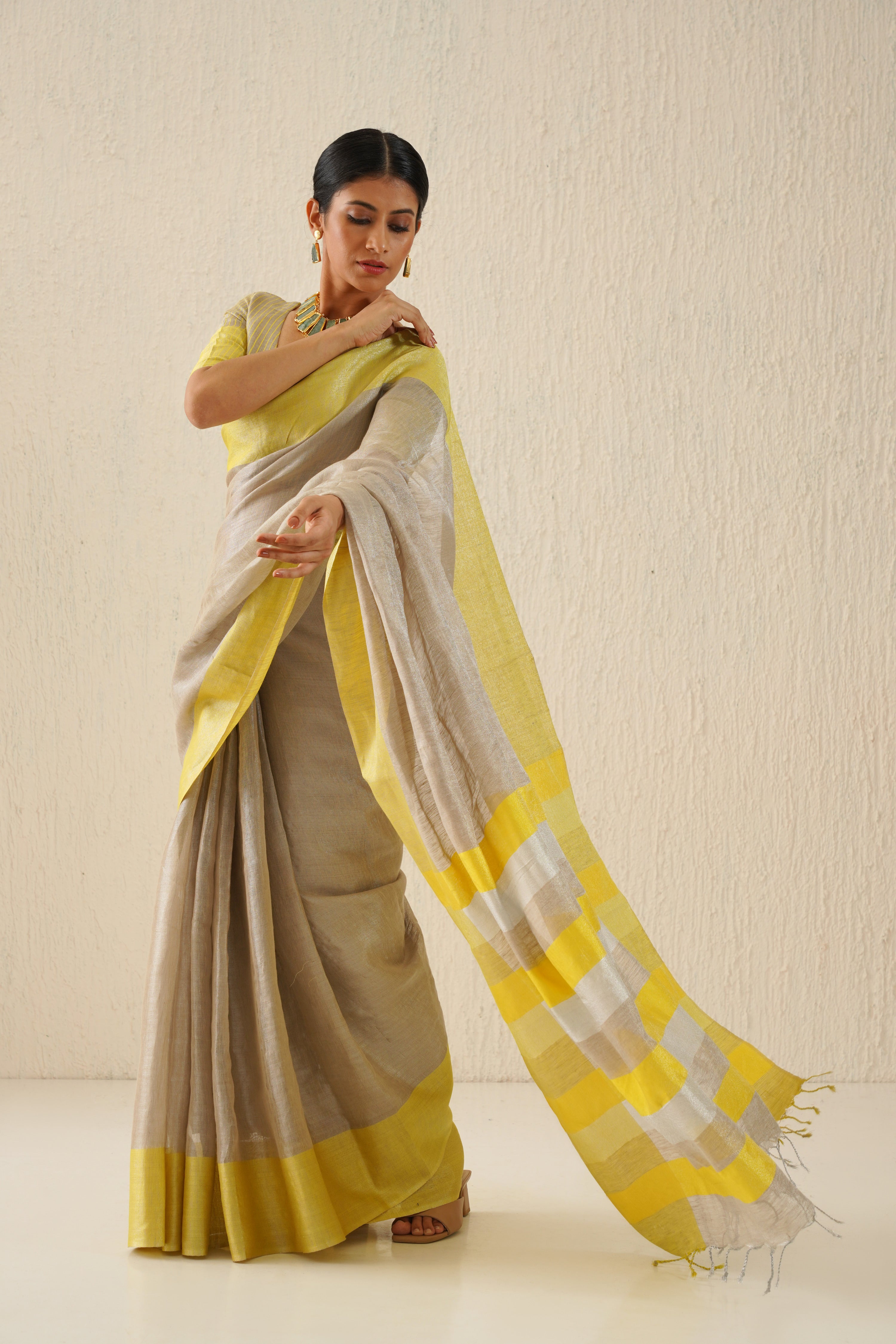 Handloom Saree With Ganga-Jamuna Par - Yellow & Green on Red - ArtisanSoul