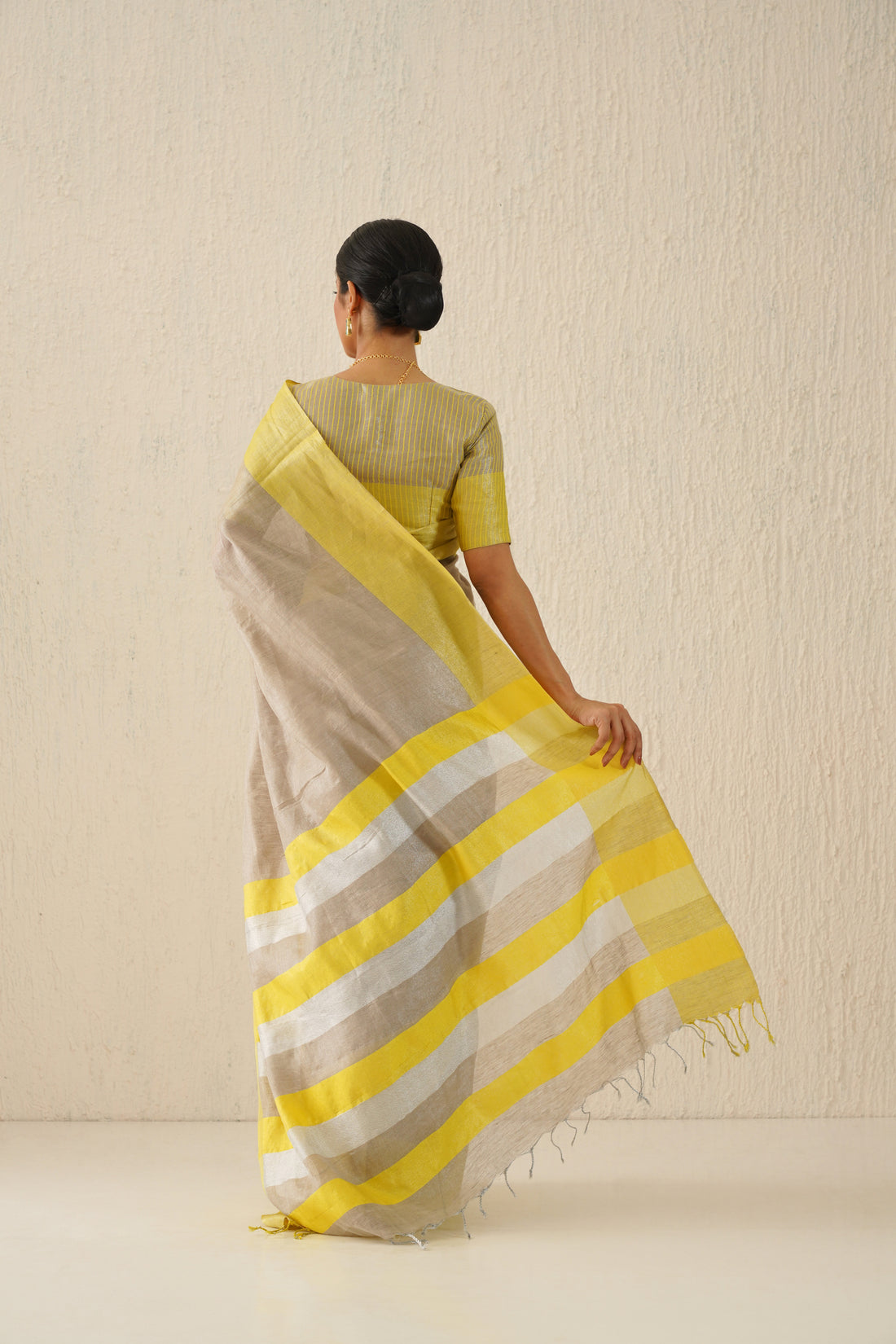 Silver & Yellow Handloom Tissue Linen Sari