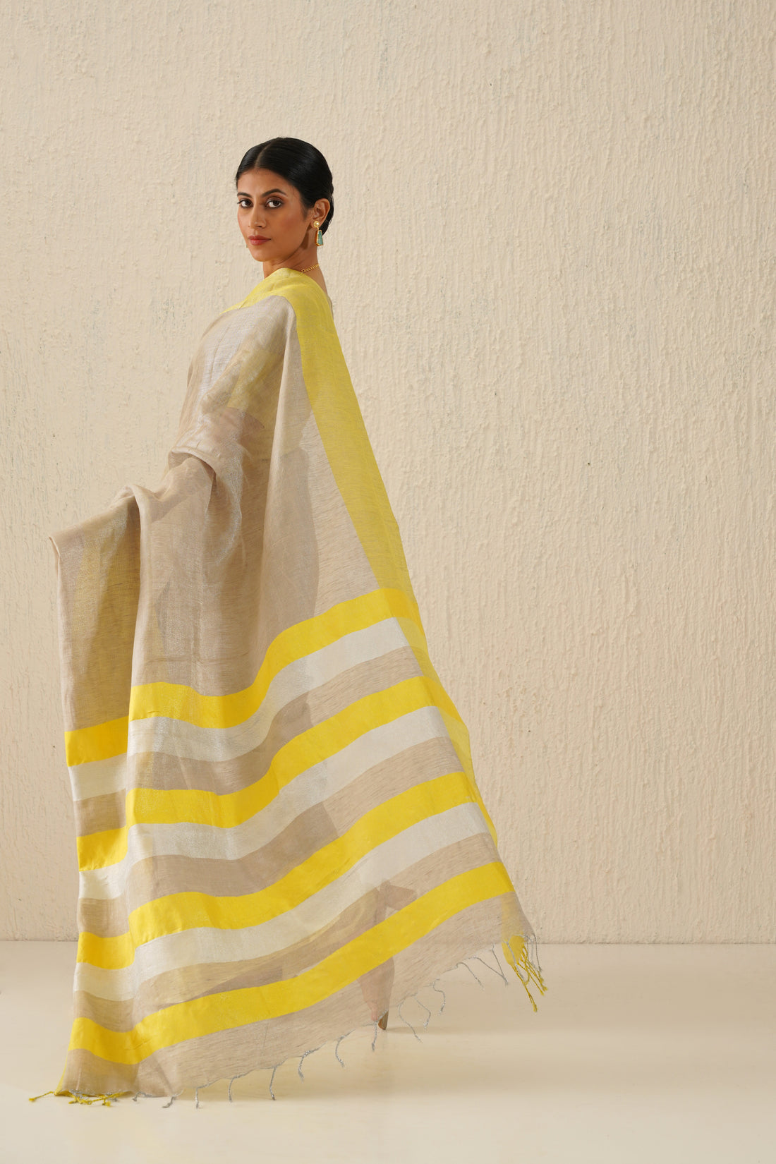 Silver & Yellow Handloom Tissue Linen Sari