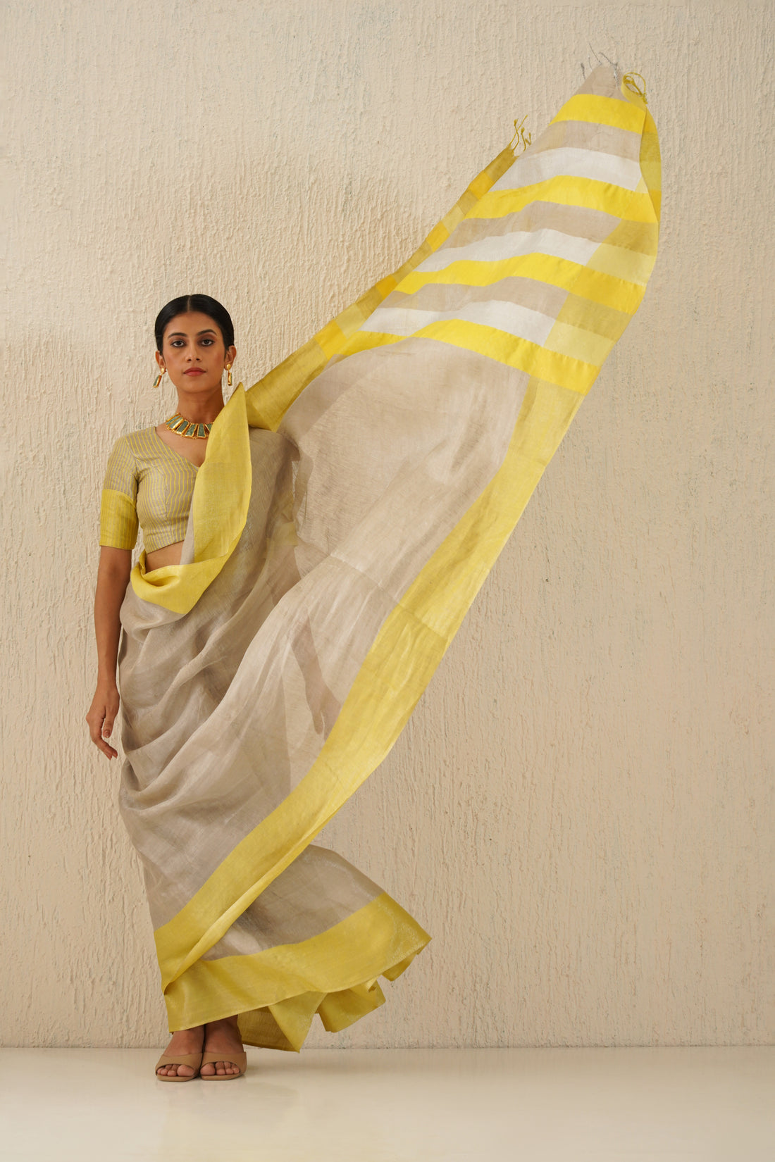 Silver & Yellow Handloom Tissue Linen Sari