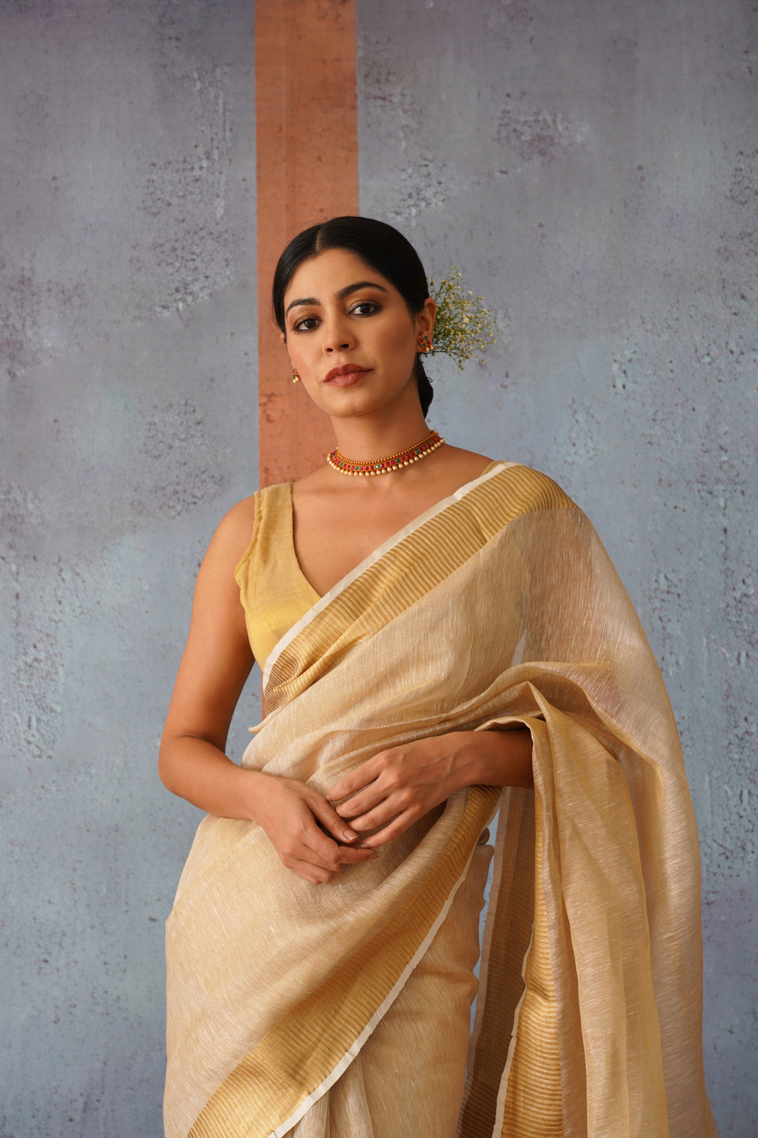 Beige & Gold Handloom Tissue Linen Sari