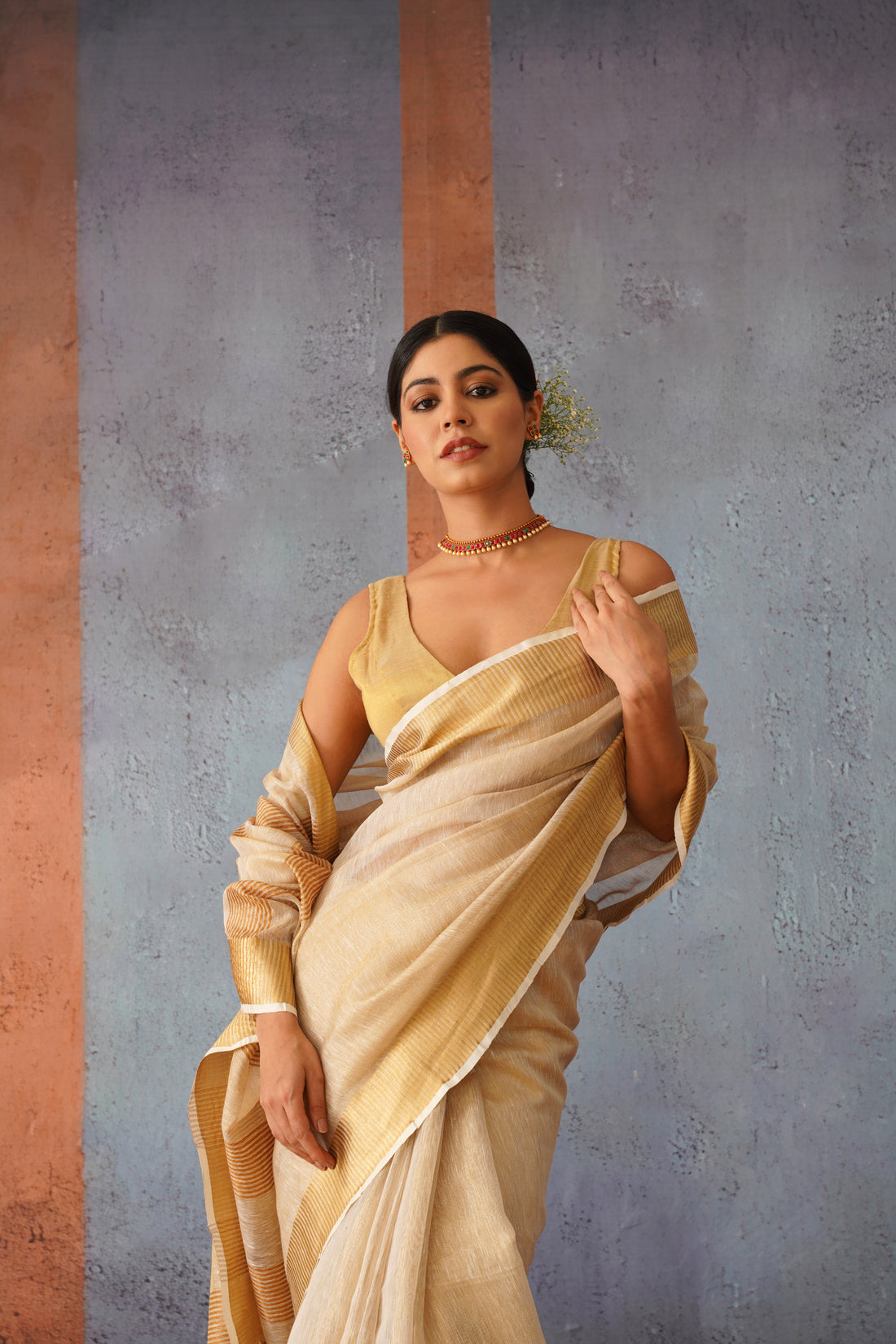 Beige & Gold Handloom Tissue Linen Sari