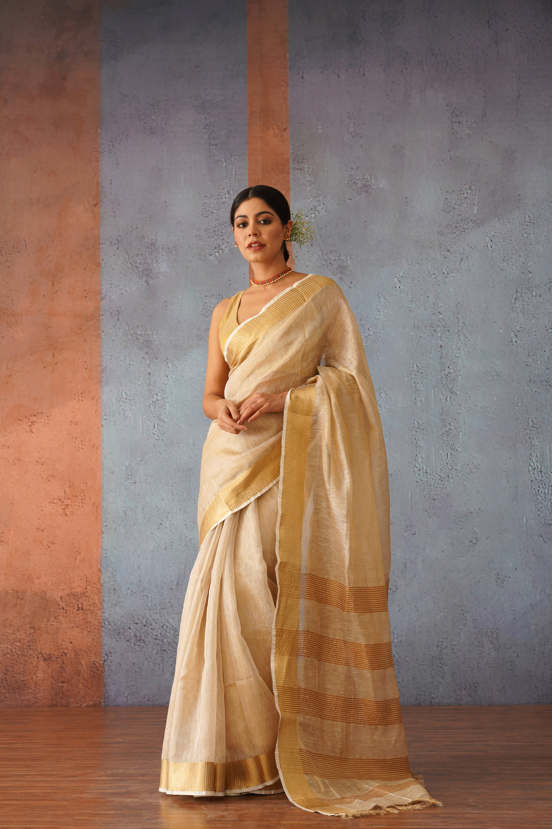 Beige & Gold Handloom Tissue Linen Sari