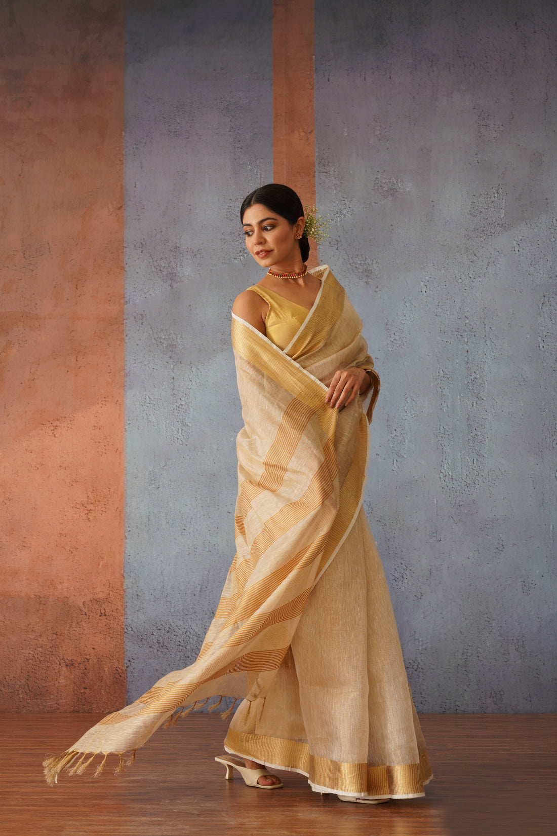 Beige & Gold Handloom Tissue Linen Sari