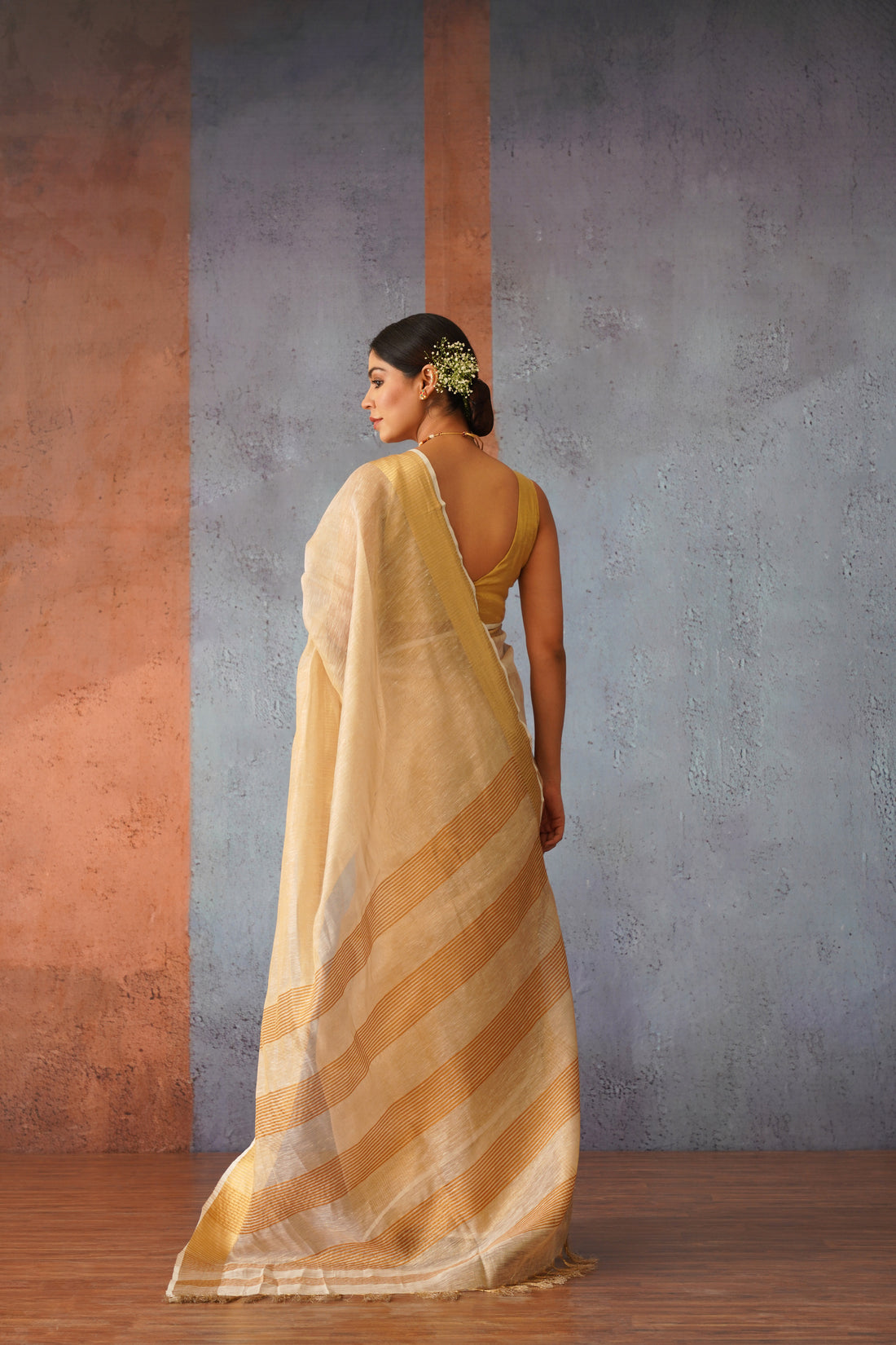 Beige & Gold Handloom Tissue Linen Sari