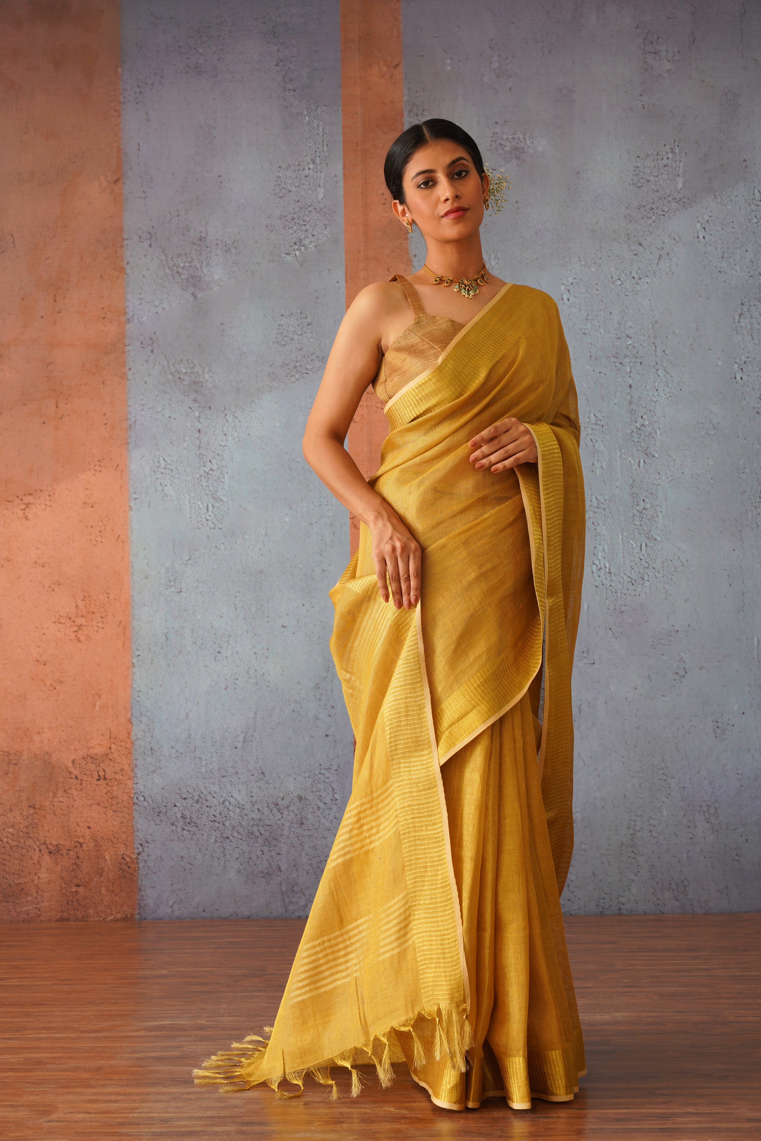 Buy Coffee Golden color Linen Saree (With Blouse) MC251806 |  www.maanacreation.com