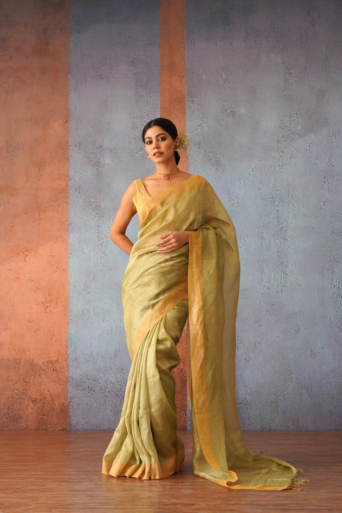 Olive Green Linen Silk Sari with Golden Zari