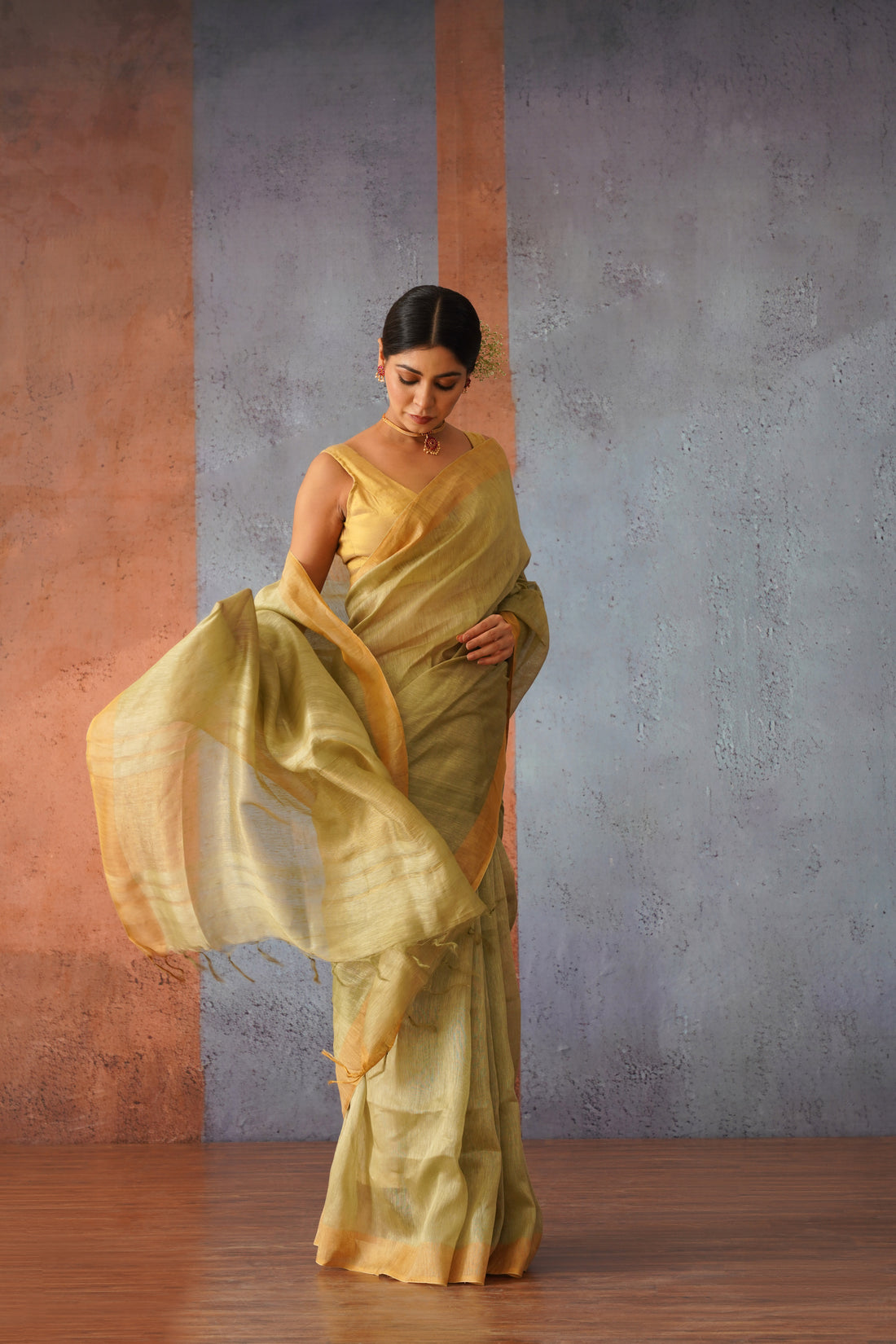 Olive Green Linen Silk Sari with Golden Zari