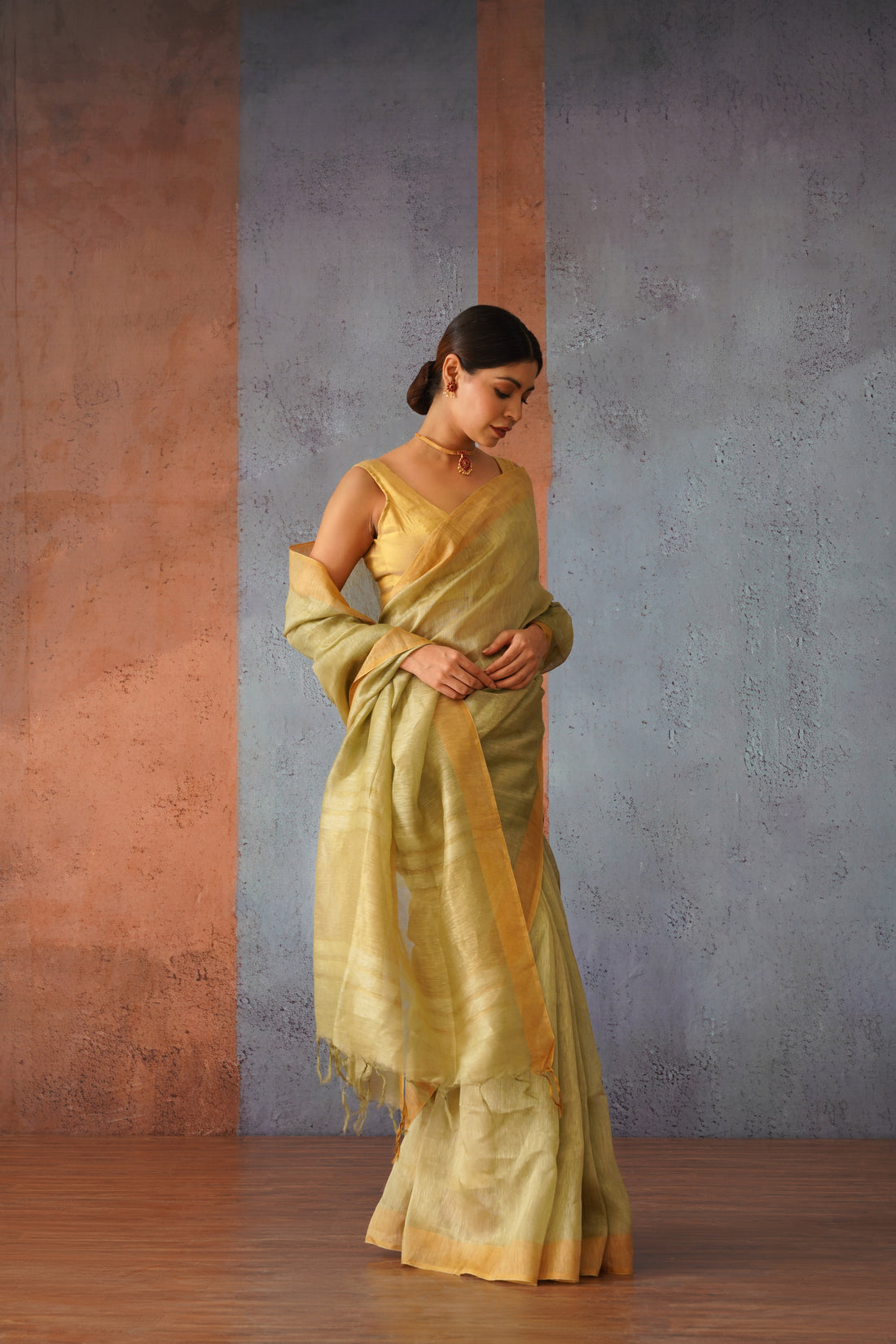 Olive Green Linen Silk Sari with Golden Zari