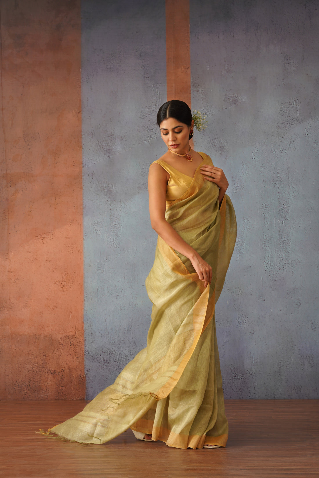 Olive Green Linen Silk Sari with Golden Zari