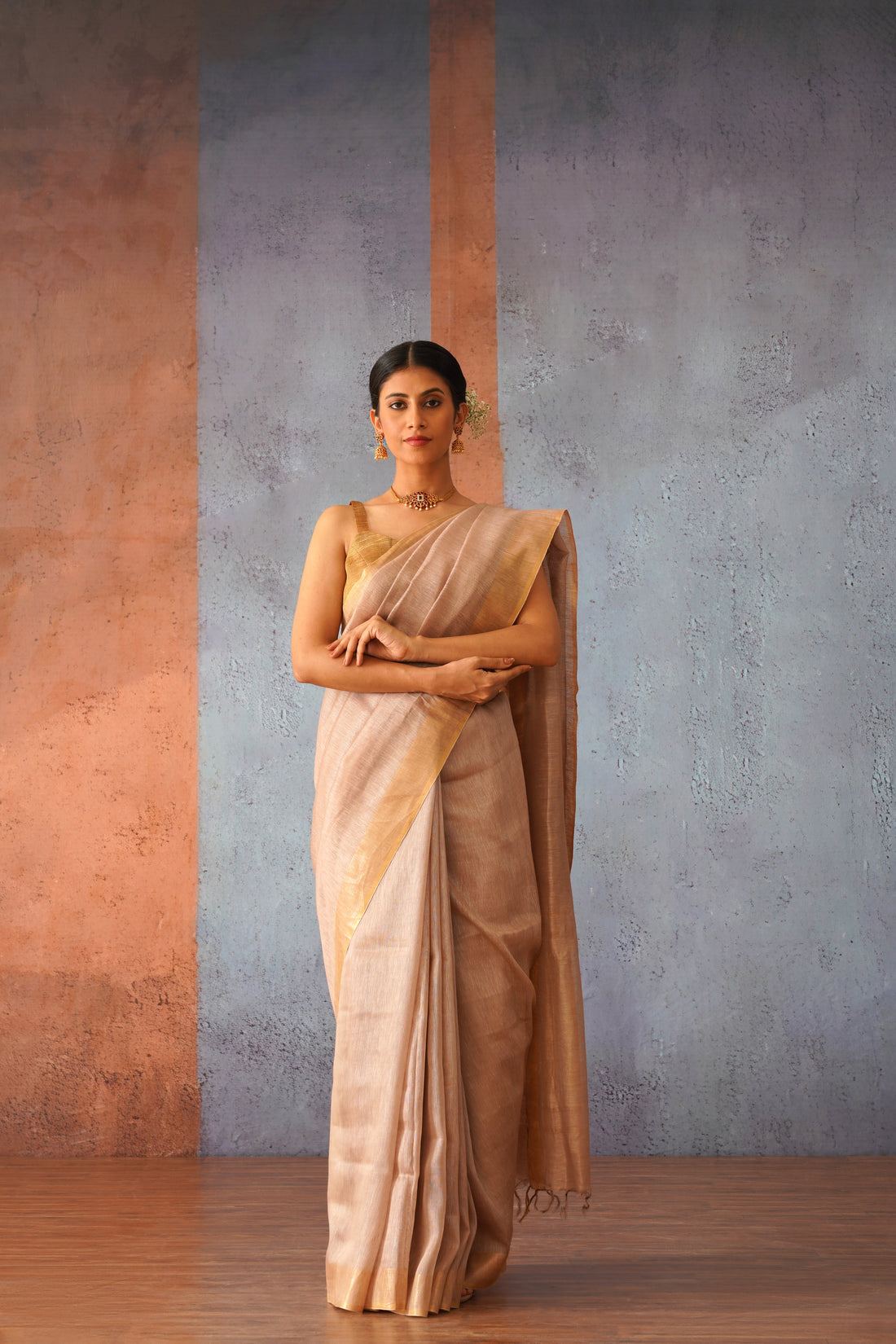 Mauve Linen Silk Handloom Sari with Gold Zari