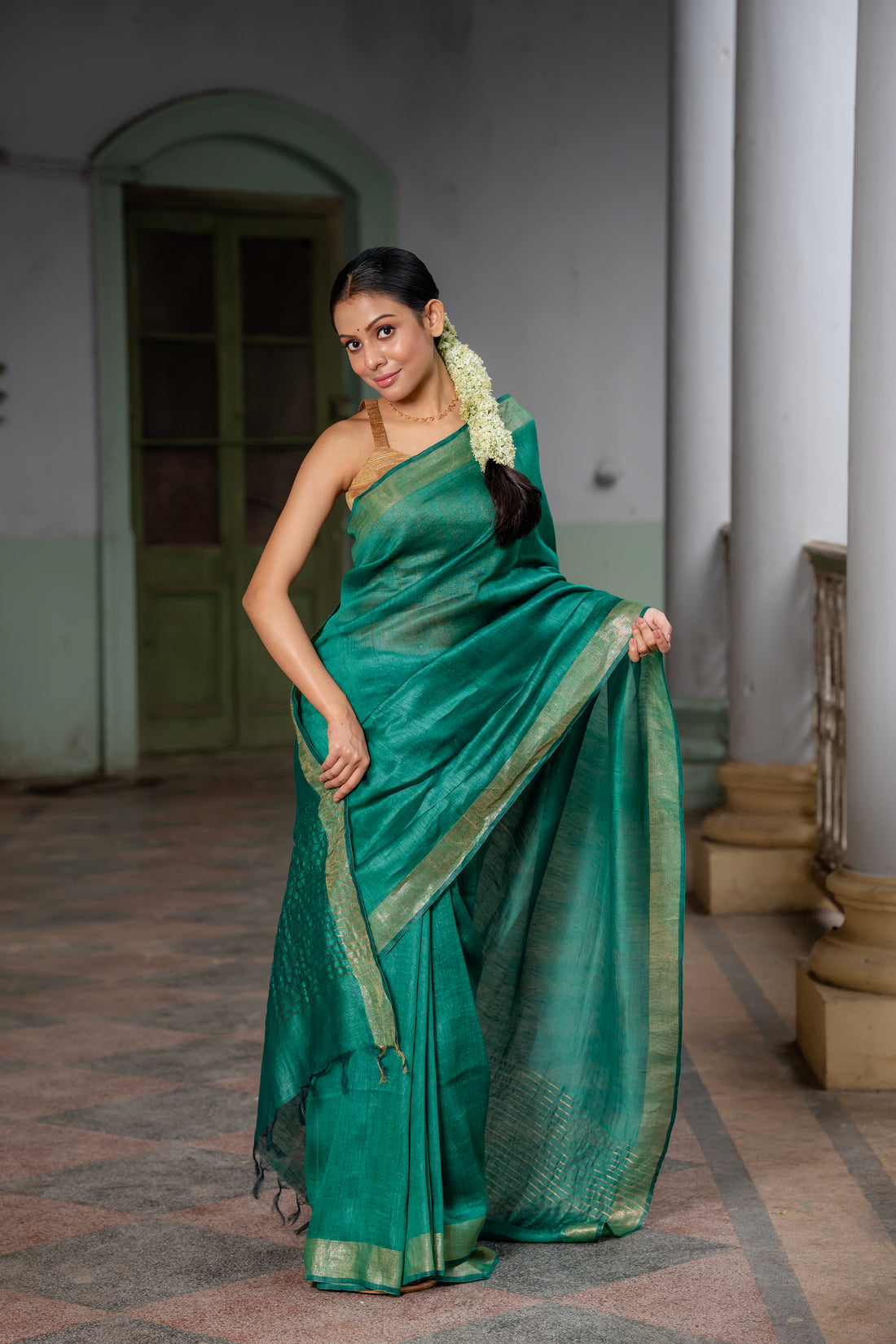 Forest Symphony Emerald Linen Silk Sari