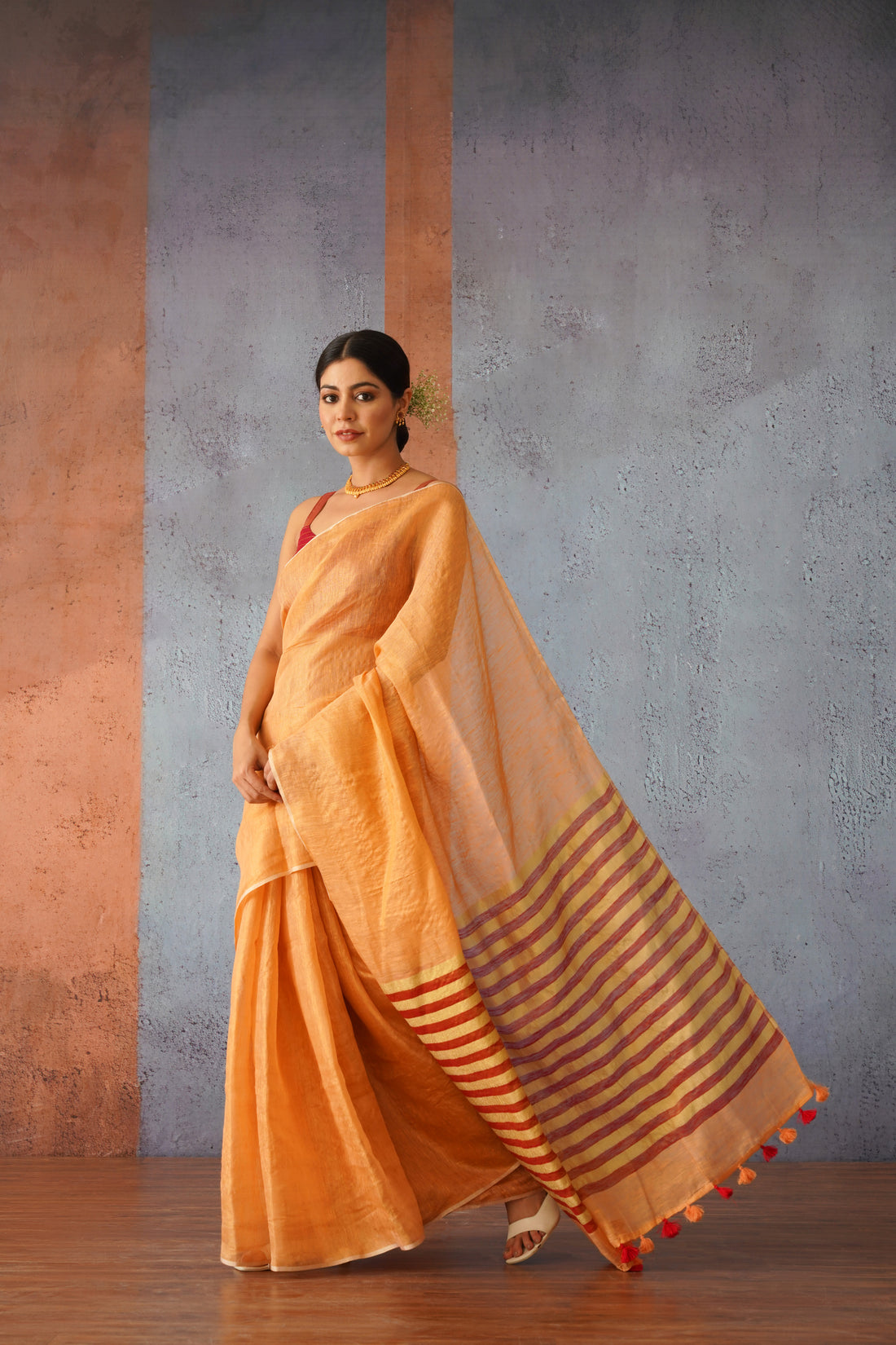 Peach Linen Zari Sari with Red Stripes