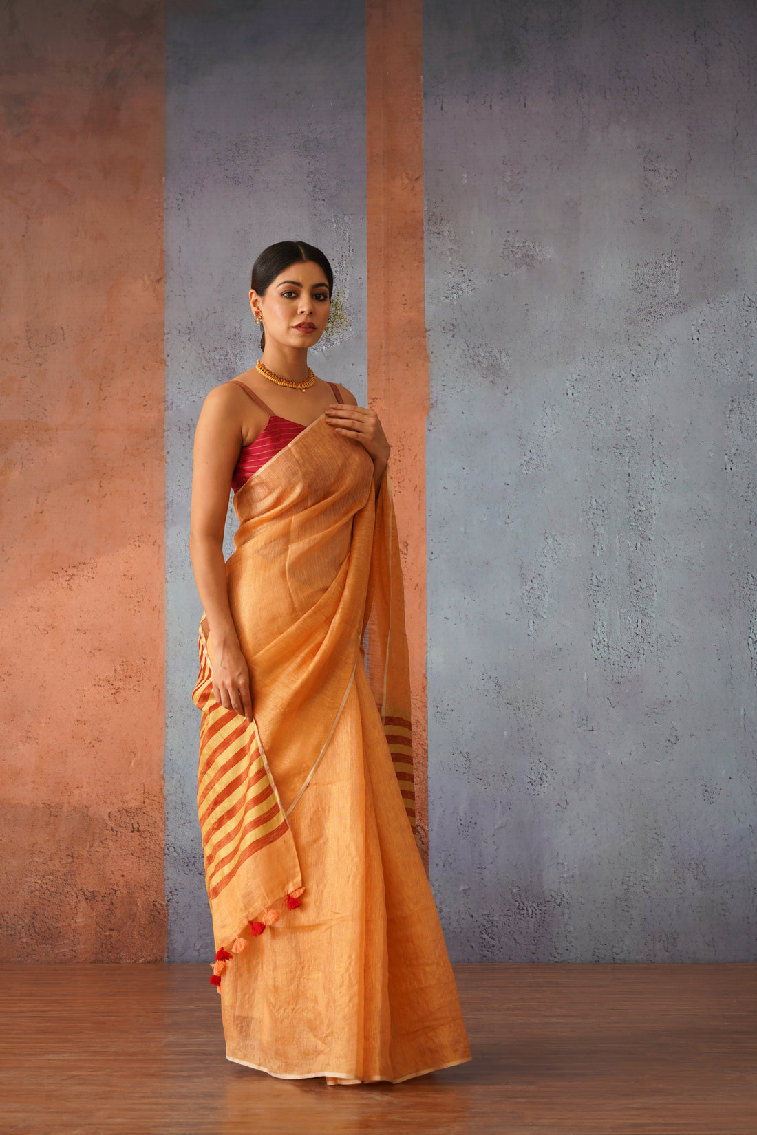 Peach Linen Zari Sari with Red Stripes