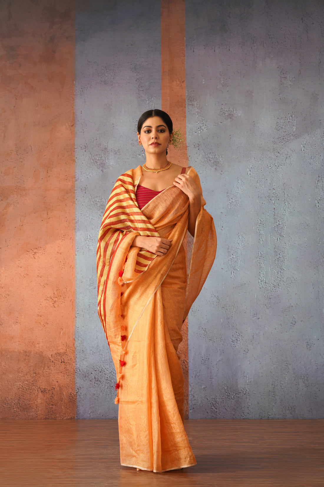 Peach Linen Zari Sari with Red Stripes