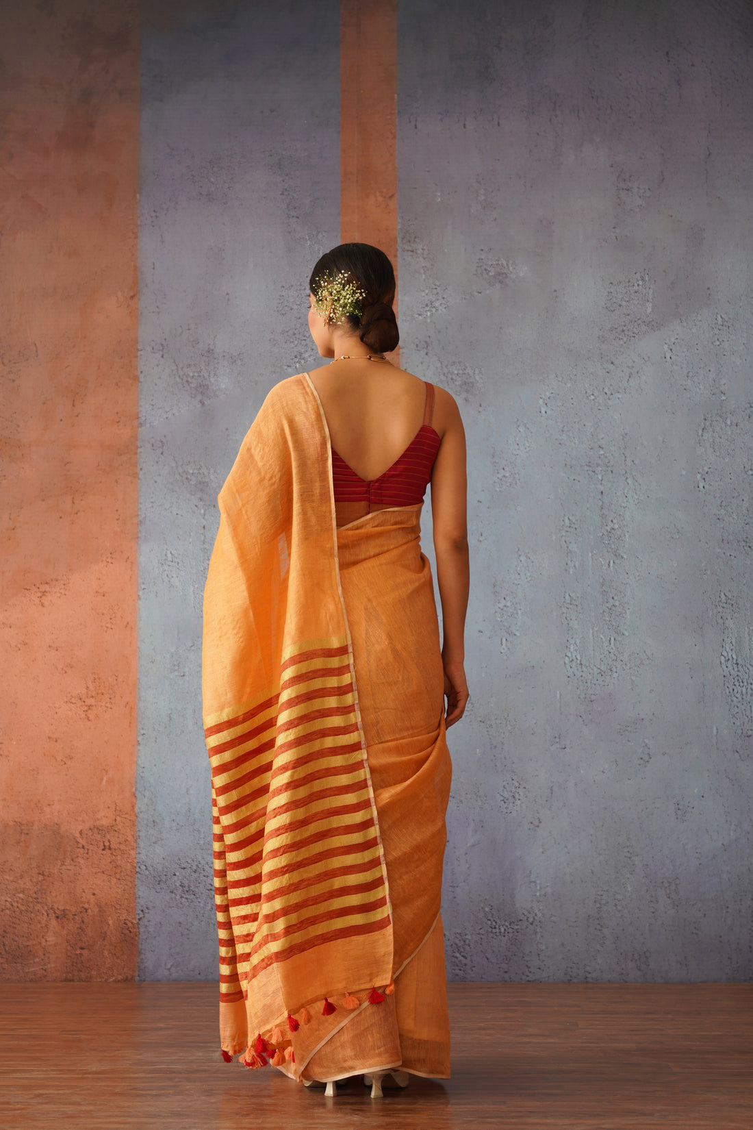 Peach Linen Zari Sari with Red Stripes