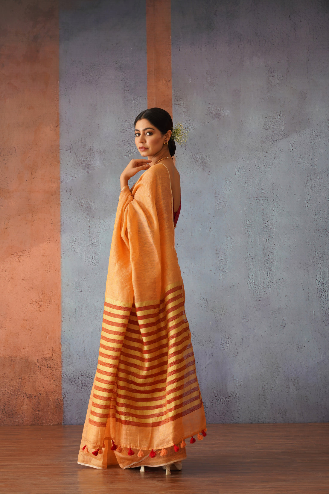 Peach Linen Zari Sari with Red Stripes