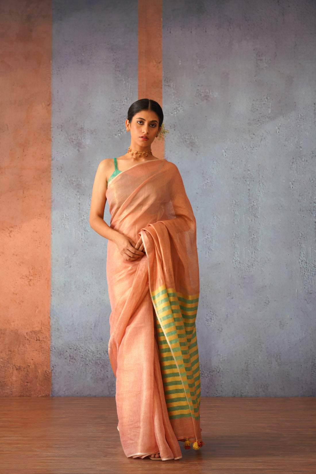 Pink Tissue Linen Sari with Green Stripes