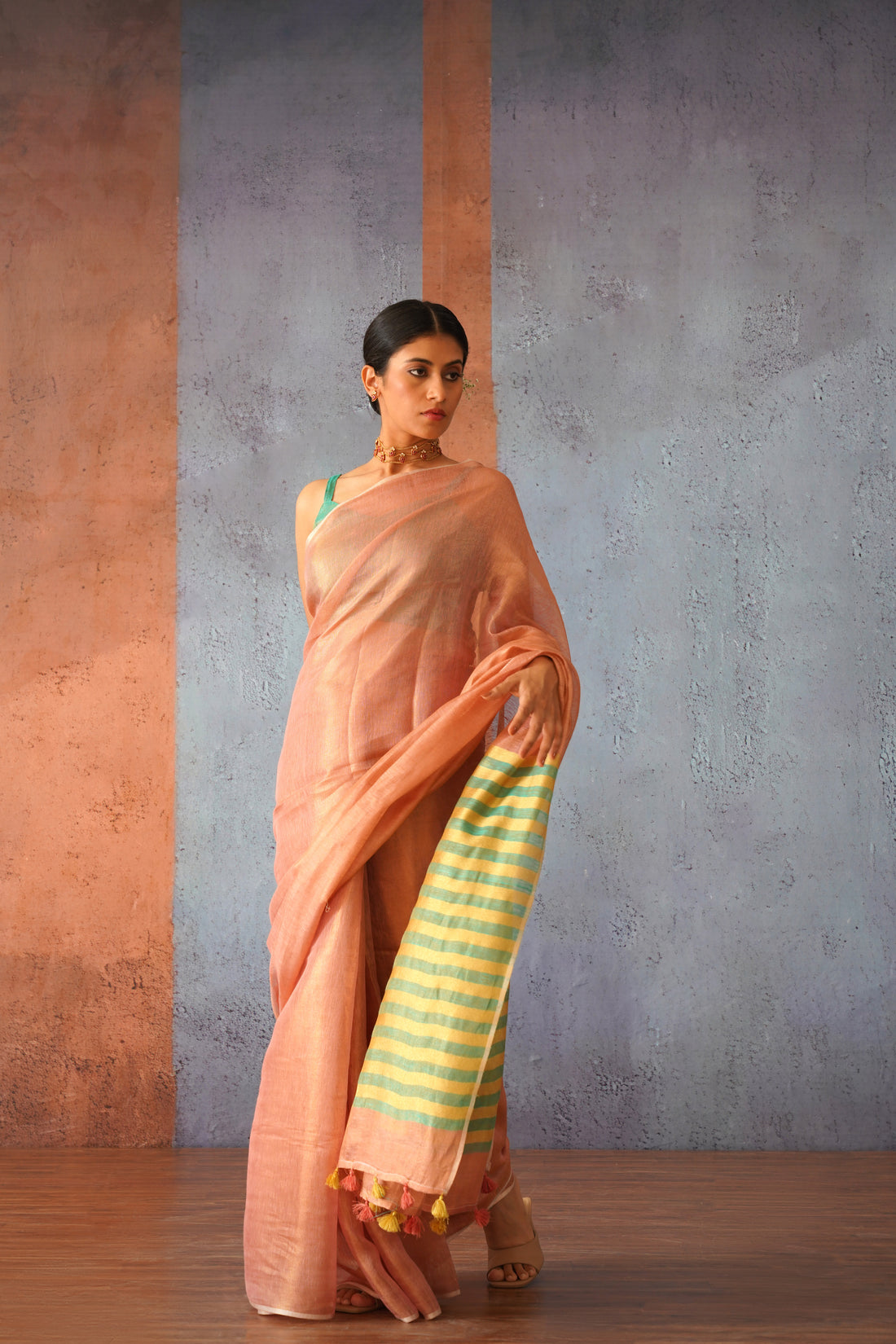 Pink Tissue Linen Sari with Green Stripes