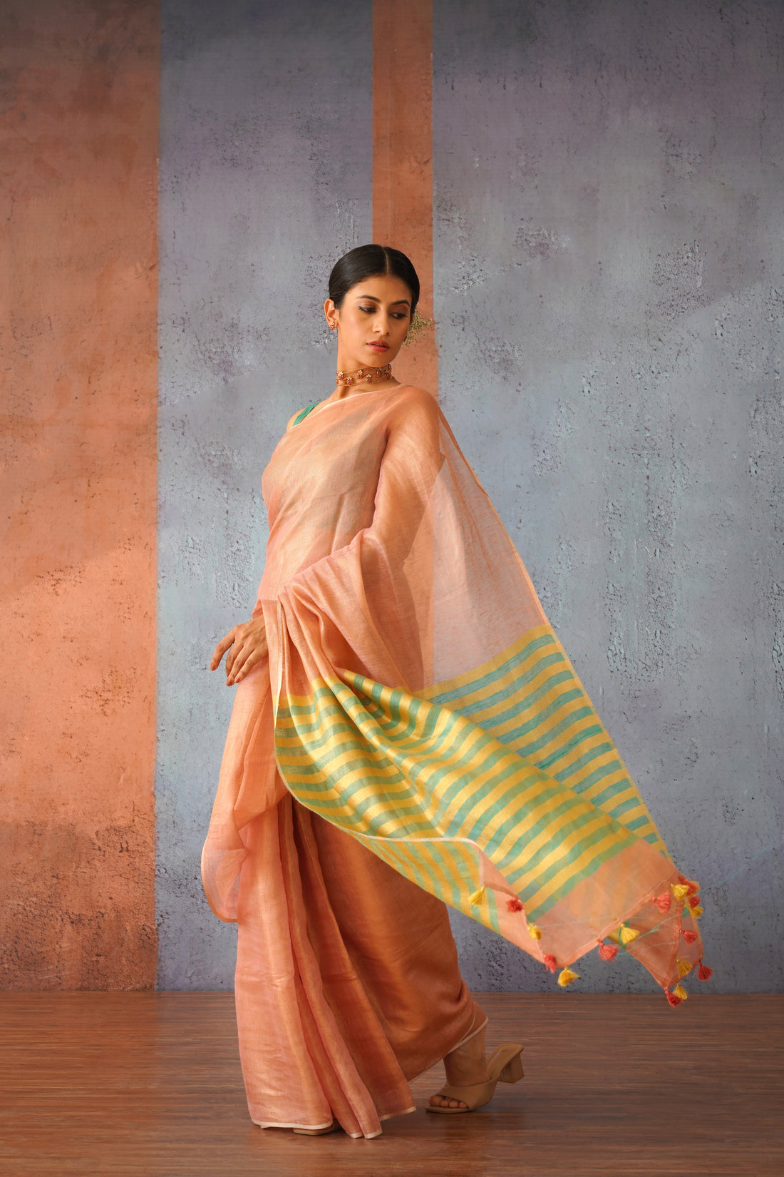 Pink Tissue Linen Sari with Green Stripes