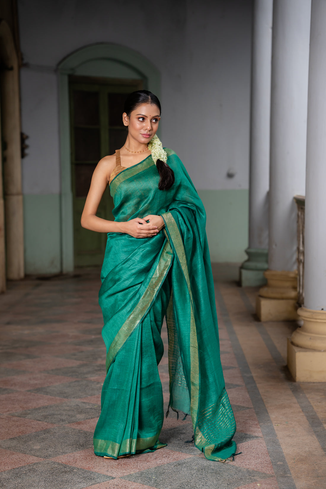 Forest Symphony Emerald Linen Silk Sari