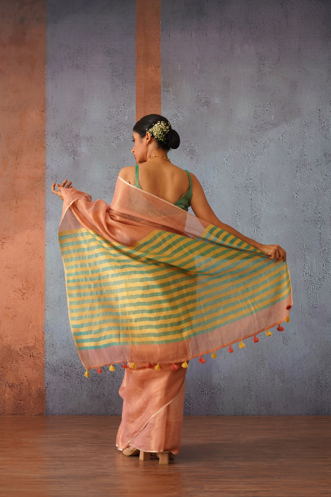 Pink Tissue Linen Sari with Green Stripes