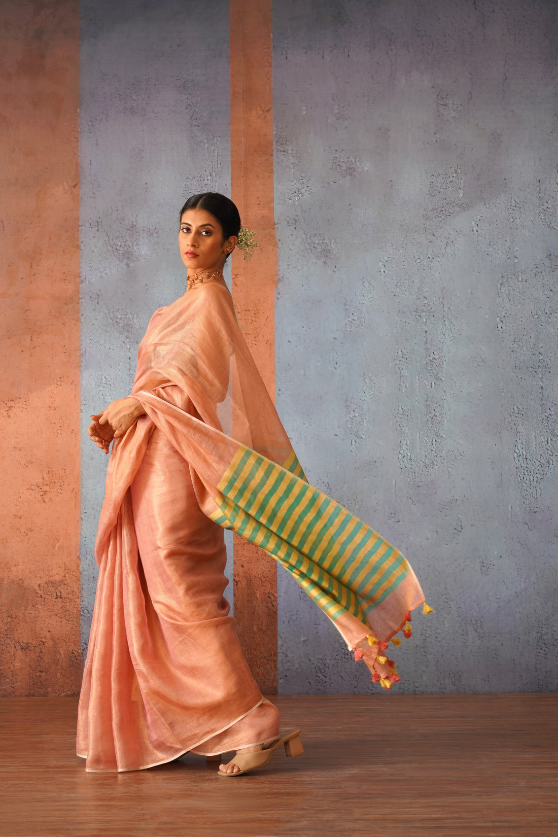 Pink Tissue Linen Sari with Green Stripes