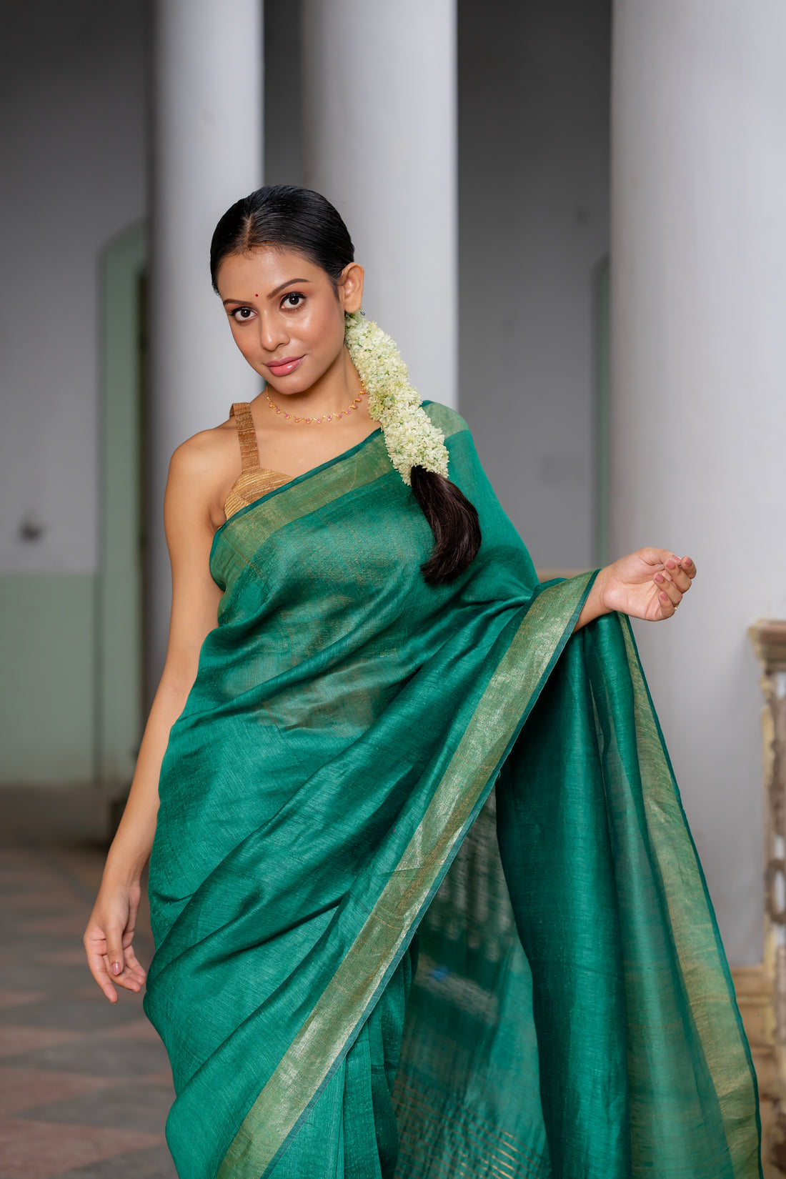 Forest Symphony Emerald Linen Silk Sari