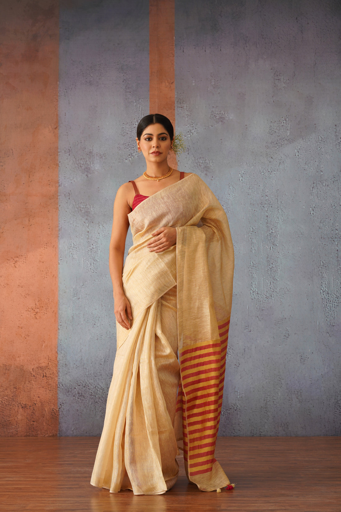 Beige Tissue Linen Sari with Red Gold Stripe Pallu