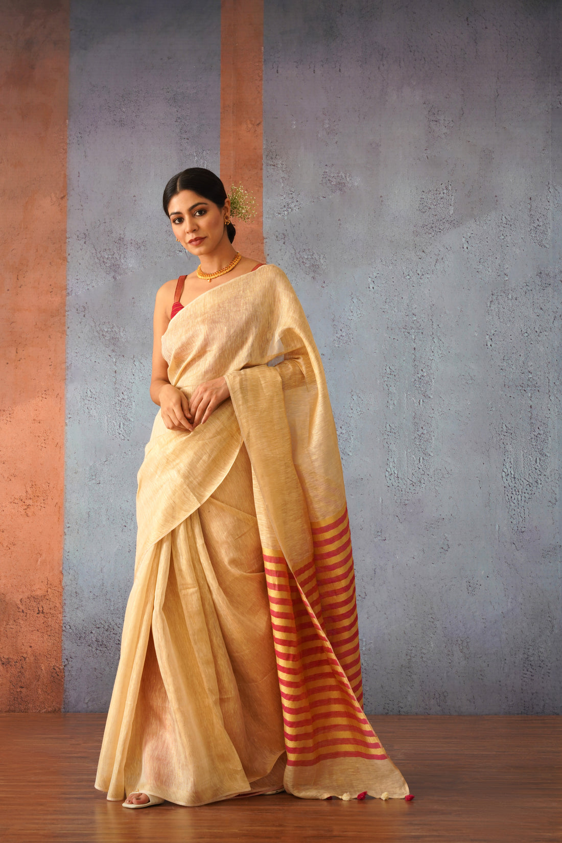 Beige Tissue Linen Sari with Red Gold Stripe Pallu