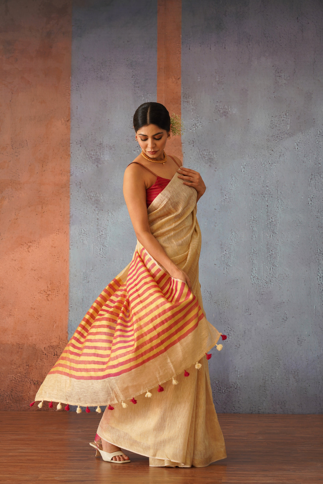 Beige Tissue Linen Sari with Red Gold Stripe Pallu