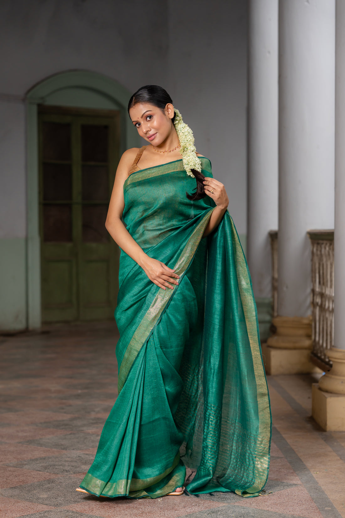 Forest Symphony Emerald Linen Silk Sari