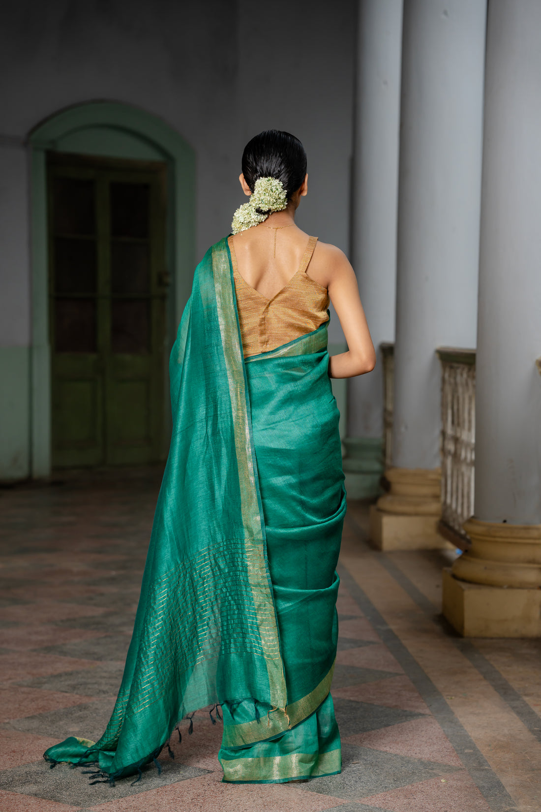 Forest Symphony Emerald Linen Silk Sari