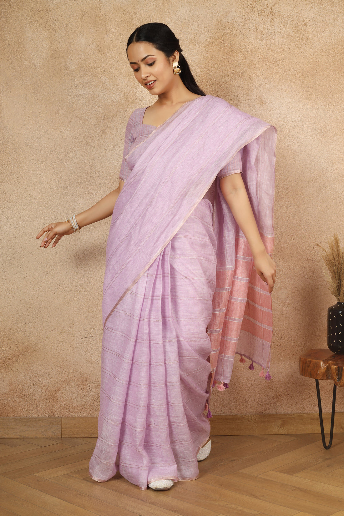 Gul Lavender Linen Zari Sari