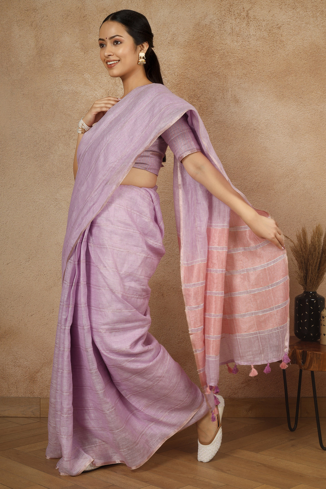 Gul Lavender Linen Zari Sari