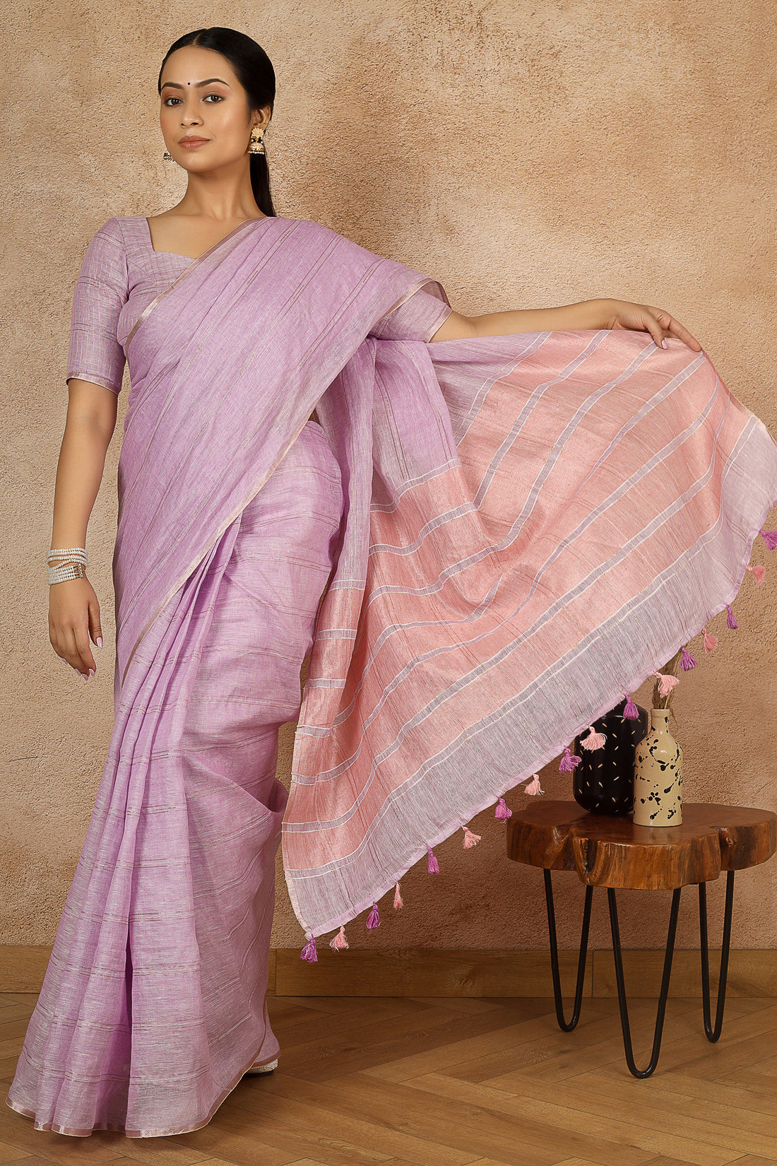 Gul Lavender Linen Zari Sari