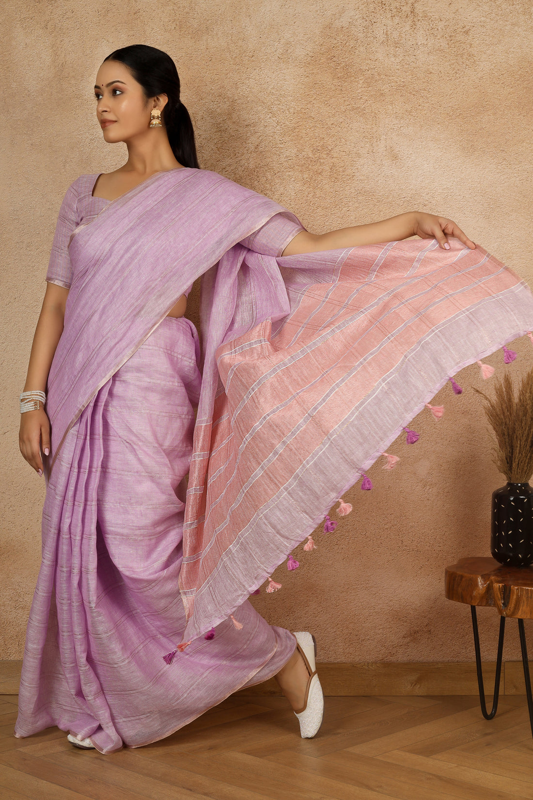 Gul Lavender Linen Zari Sari