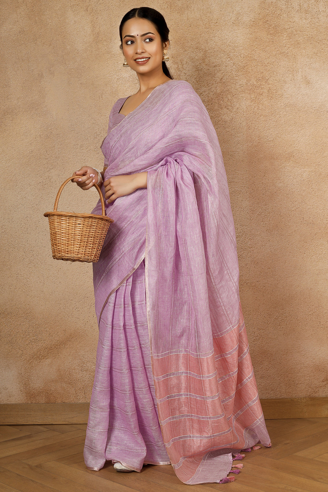 Gul Lavender Linen Zari Sari