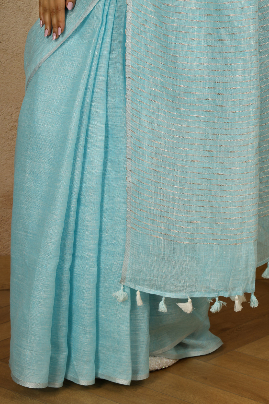 Hawaii Sky Blue Linen Sari with zari on pallu