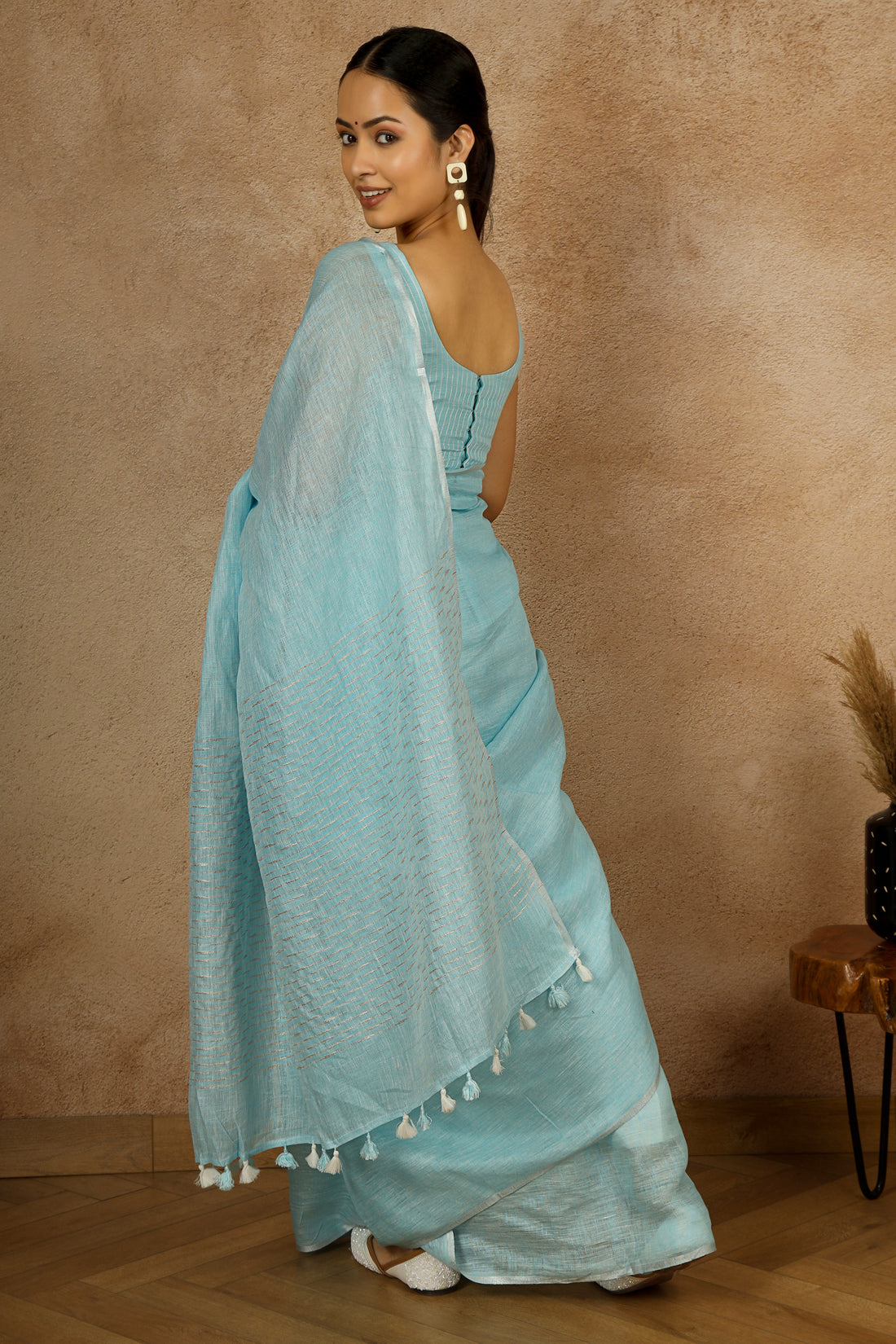 Hawaii Sky Blue Linen Sari with zari on pallu