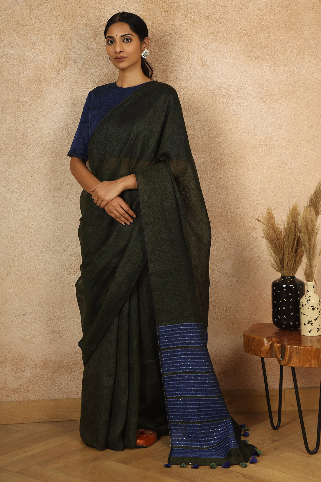 Hema Forest Green & Blue Linen Sari with sequins on pallu