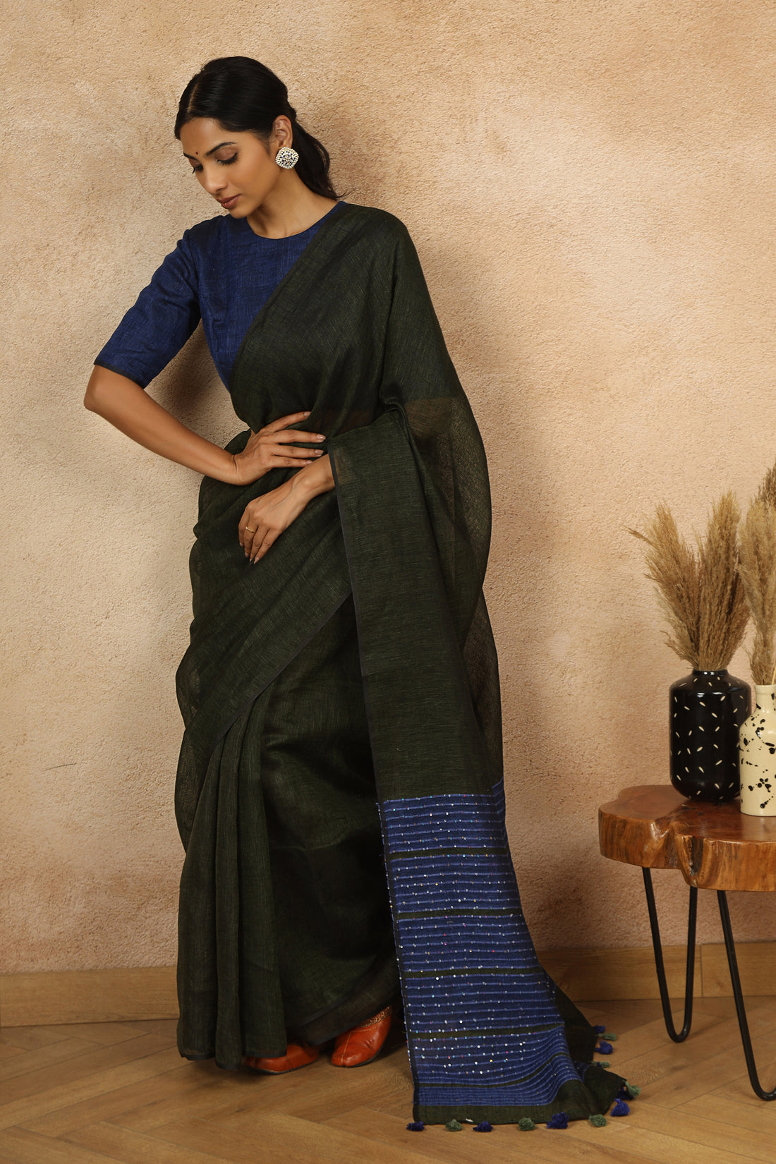 Hema Forest Green & Blue Linen Sari with sequins on pallu