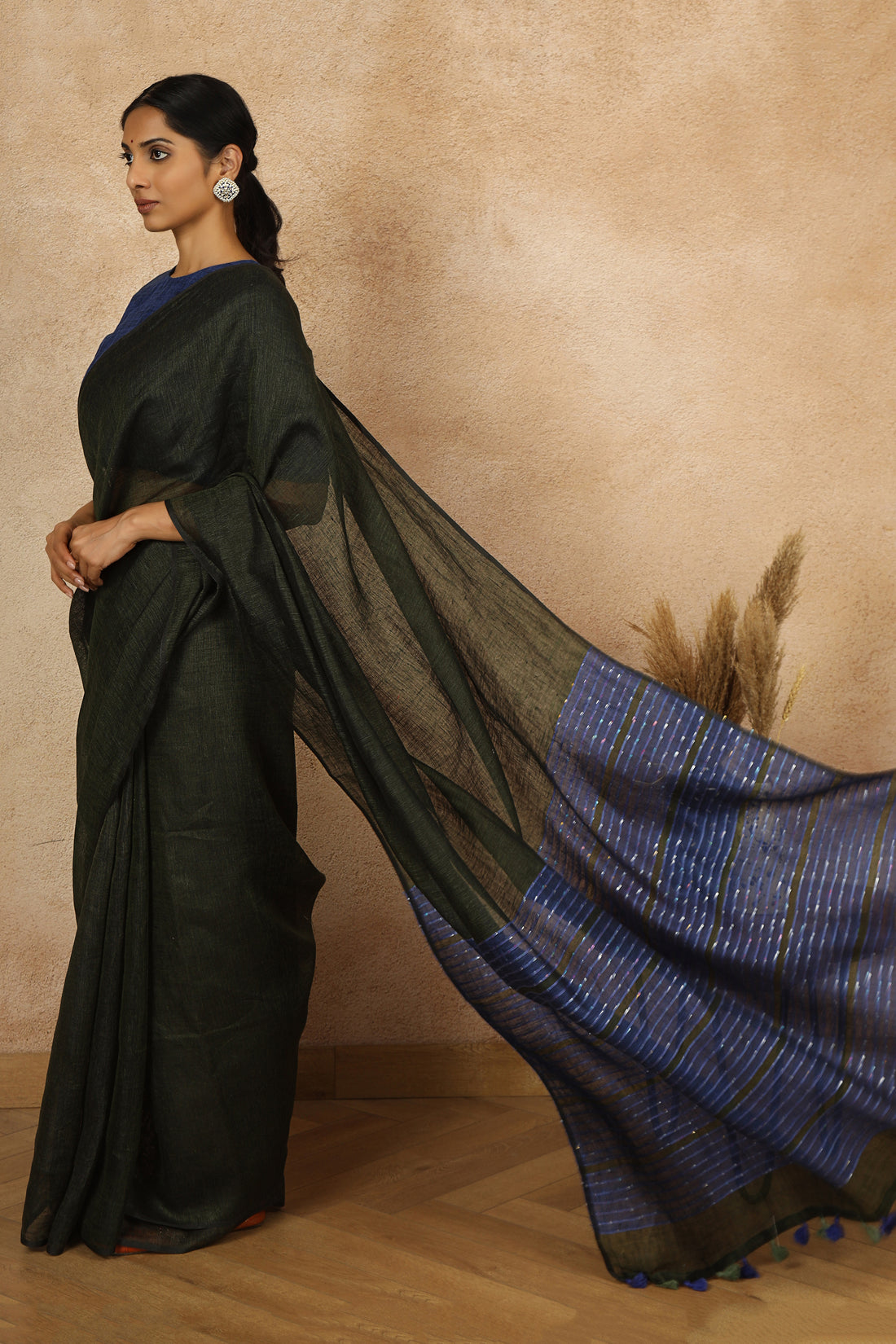 Hema Forest Green & Blue Linen Sari with sequins on pallu